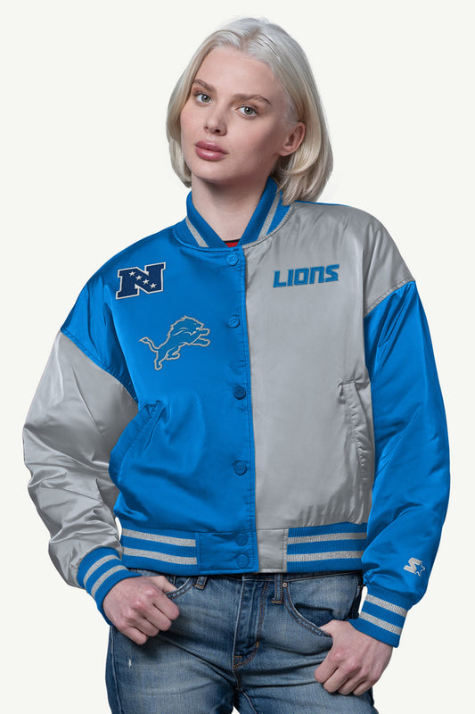 WOMENS DETROIT LIONS OFFSIDE SATIN VARSITY JACKET