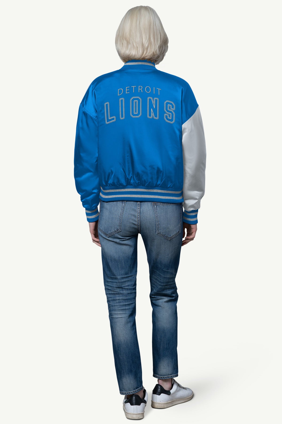 WOMENS DETROIT LIONS OFFSIDE SATIN VARSITY JACKET