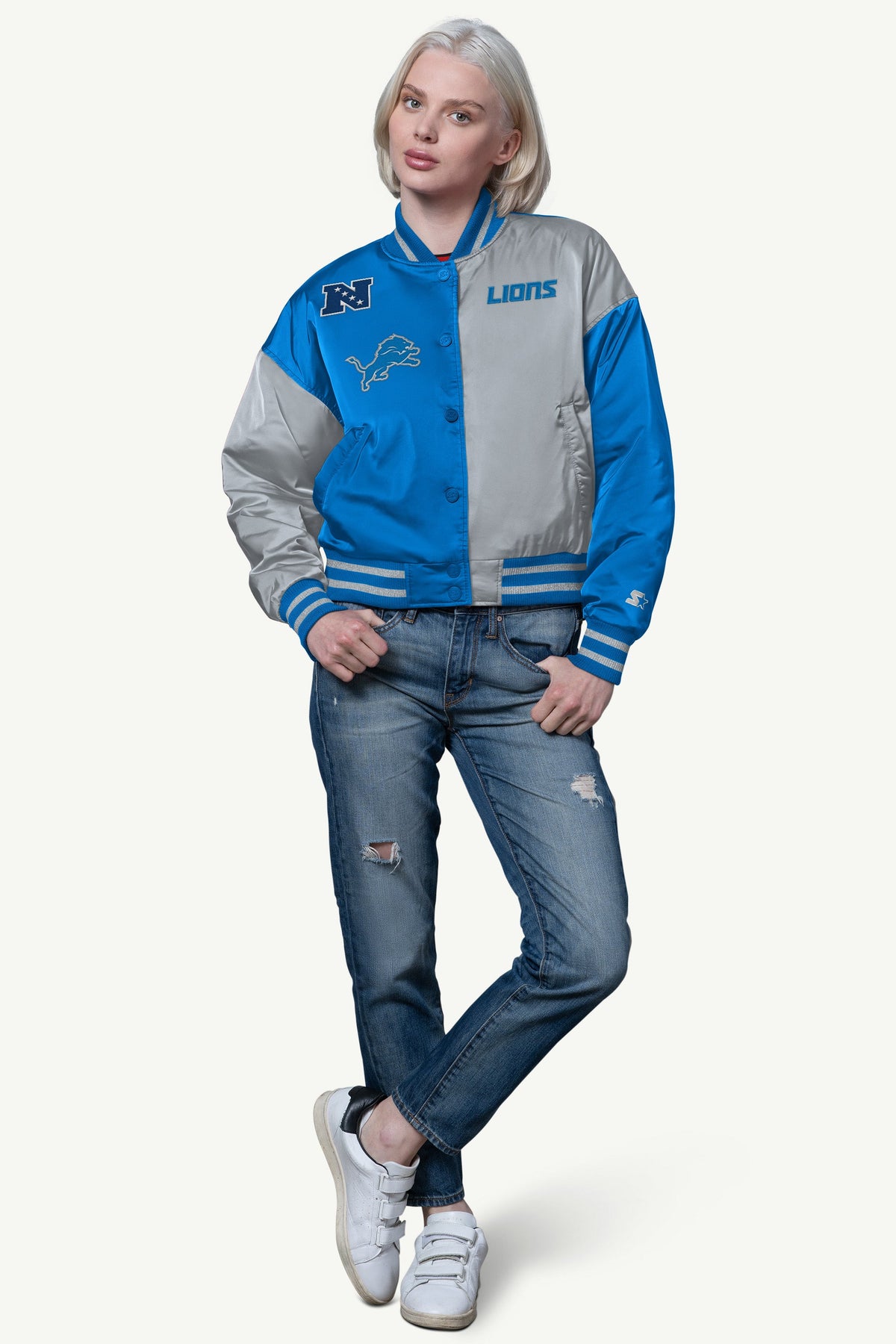 WOMENS DETROIT LIONS OFFSIDE SATIN VARSITY JACKET