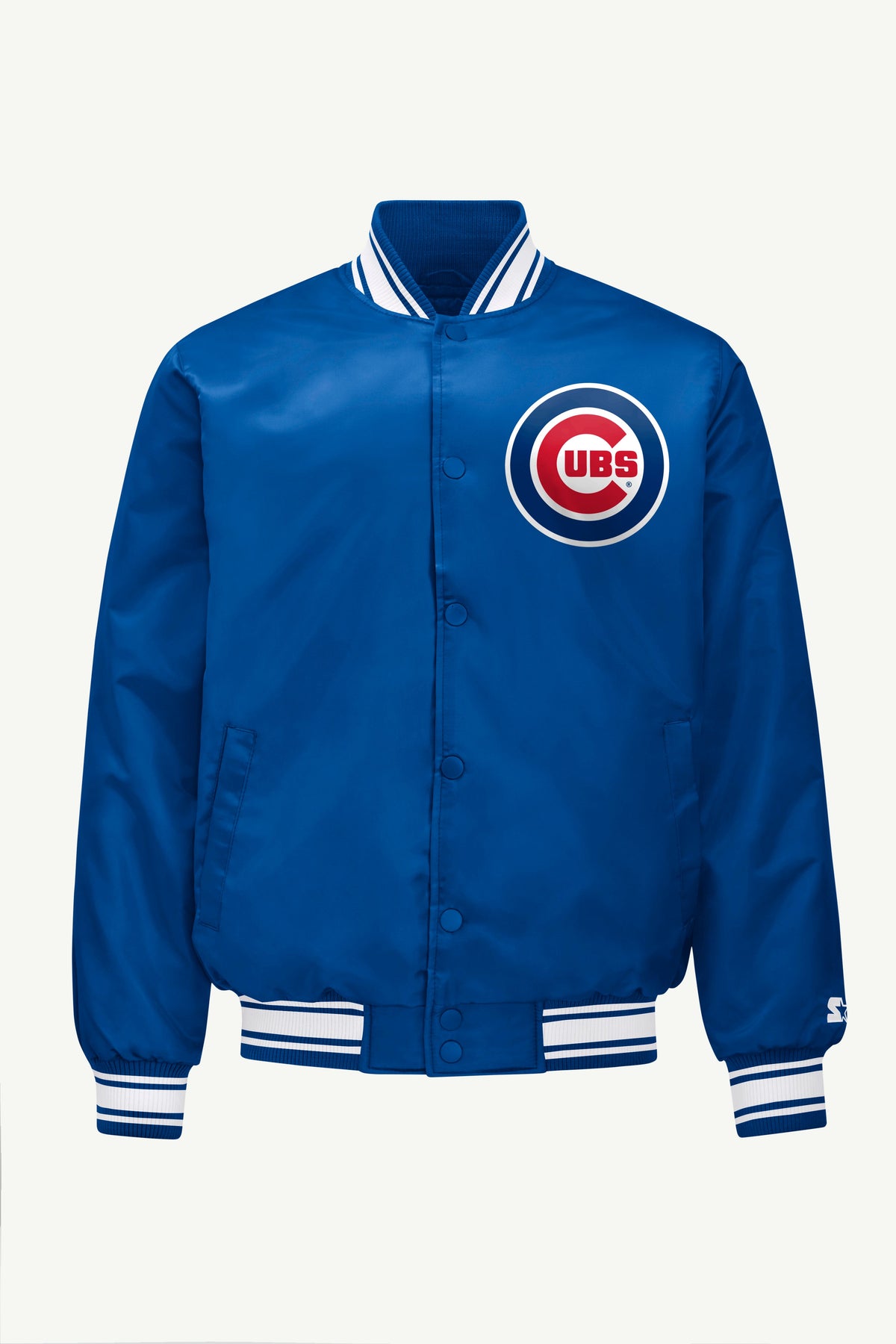 MENS CHICAGO CUBS HOMEPLATE PRINTED GRAPHIC SATIN VARSITY JACKET