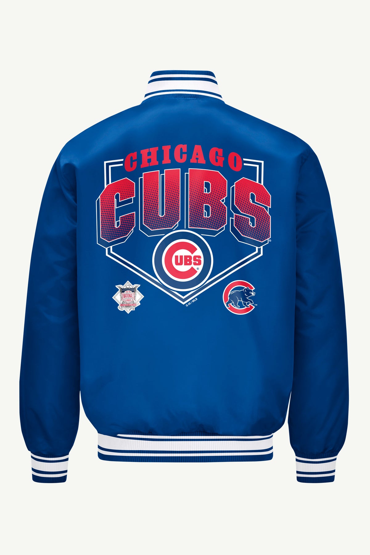 MENS CHICAGO CUBS HOMEPLATE PRINTED GRAPHIC SATIN VARSITY JACKET