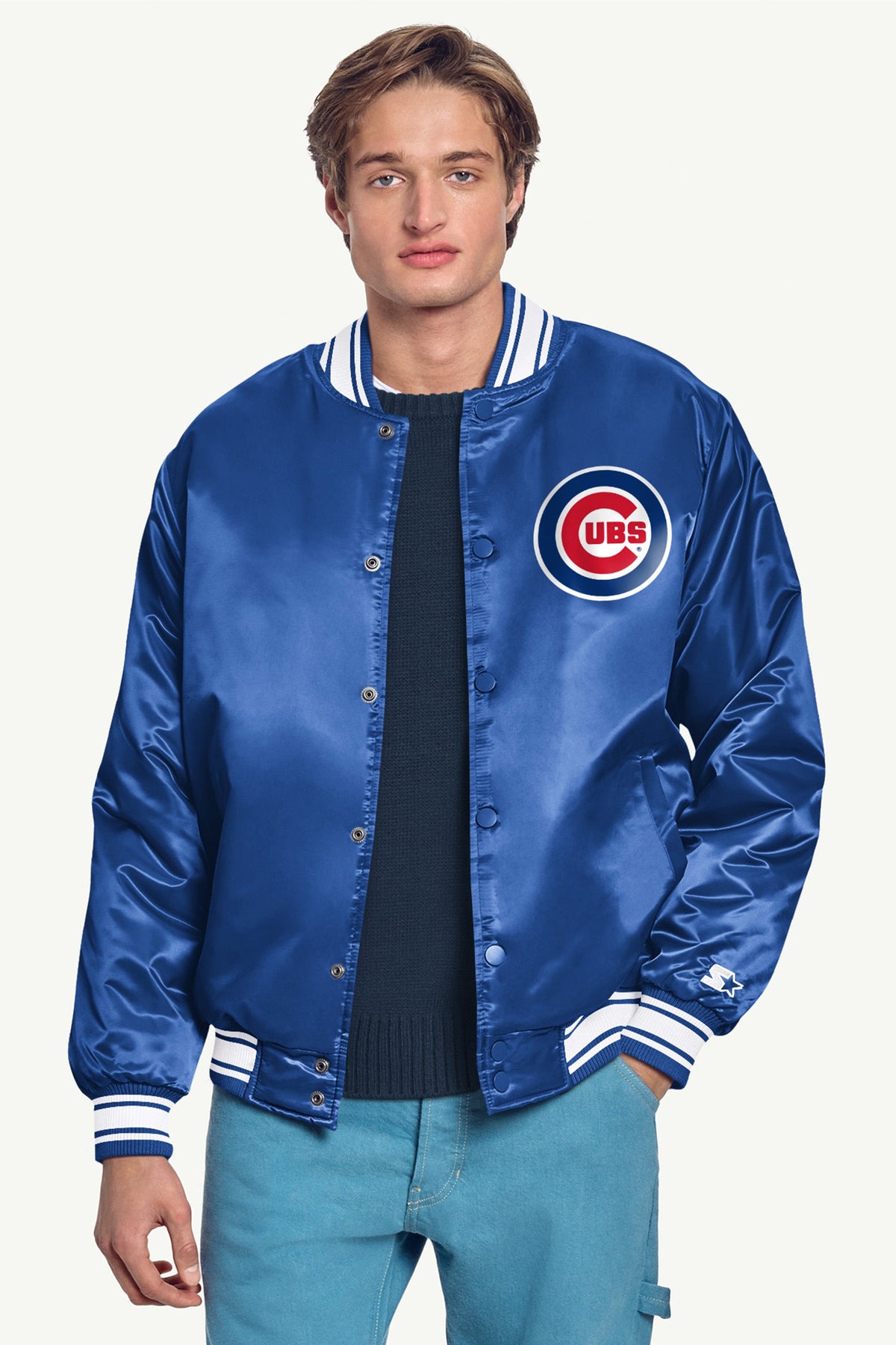 MENS CHICAGO CUBS HOMEPLATE PRINTED GRAPHIC SATIN VARSITY JACKET