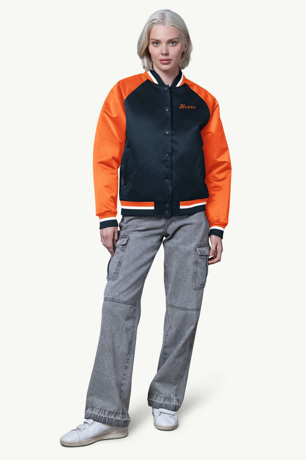 WOMENS CHICAGO BEARS FINAL SCORE SATIN VARSITY JACKET