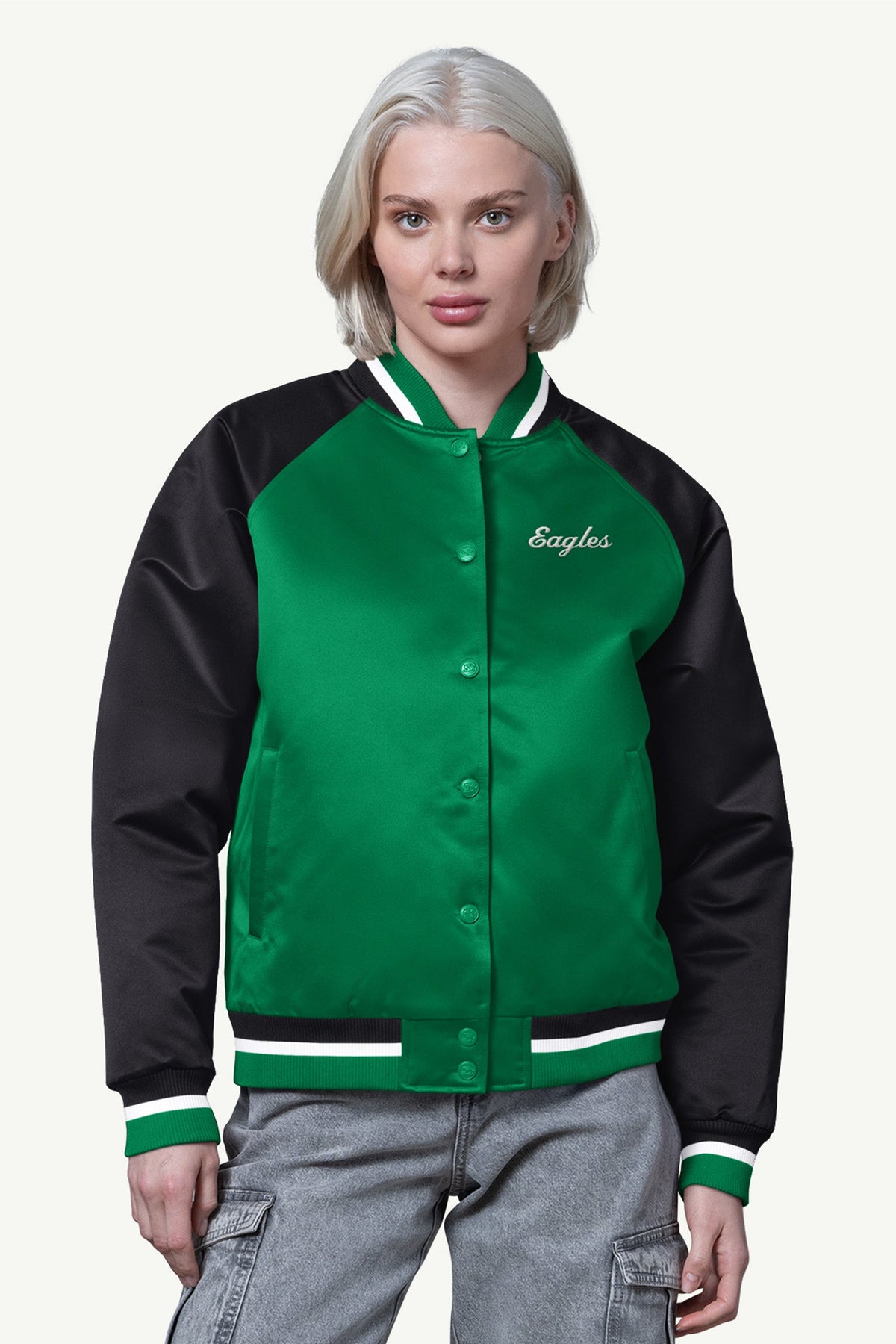 WOMENS PHILADELPHIA EAGLES FINAL SCORE SATIN VARSITY JACKET