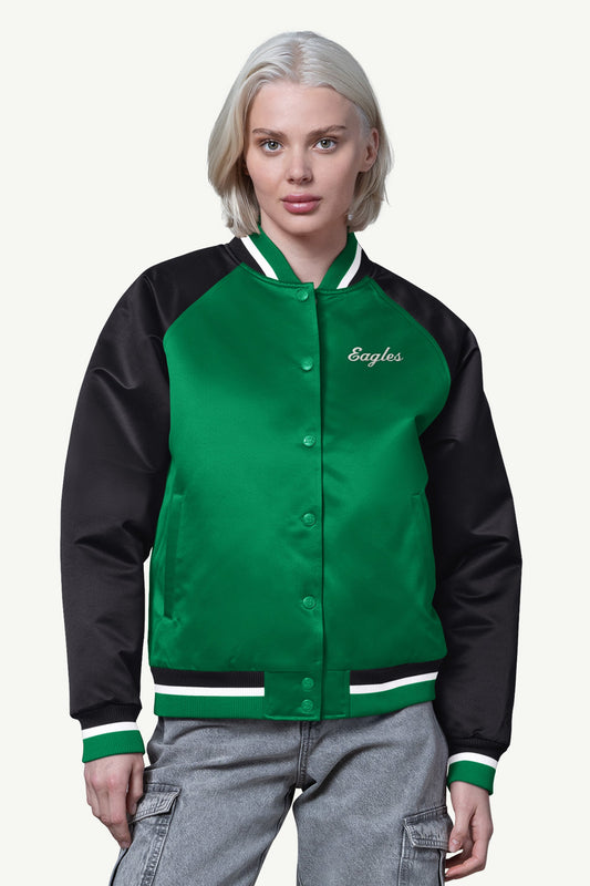 WOMENS PHILADELPHIA EAGLES FINAL SCORE SATIN VARSITY JACKET