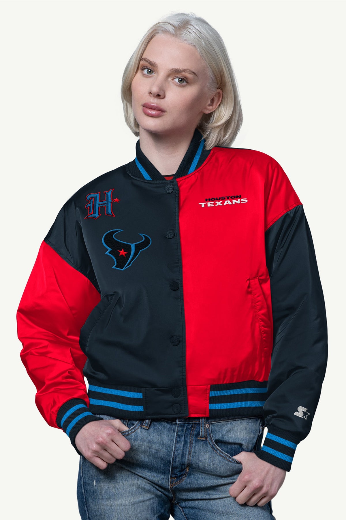 WOMENS HOUSTON TEXANS OFFSIDE SATIN VARSITY JACKET