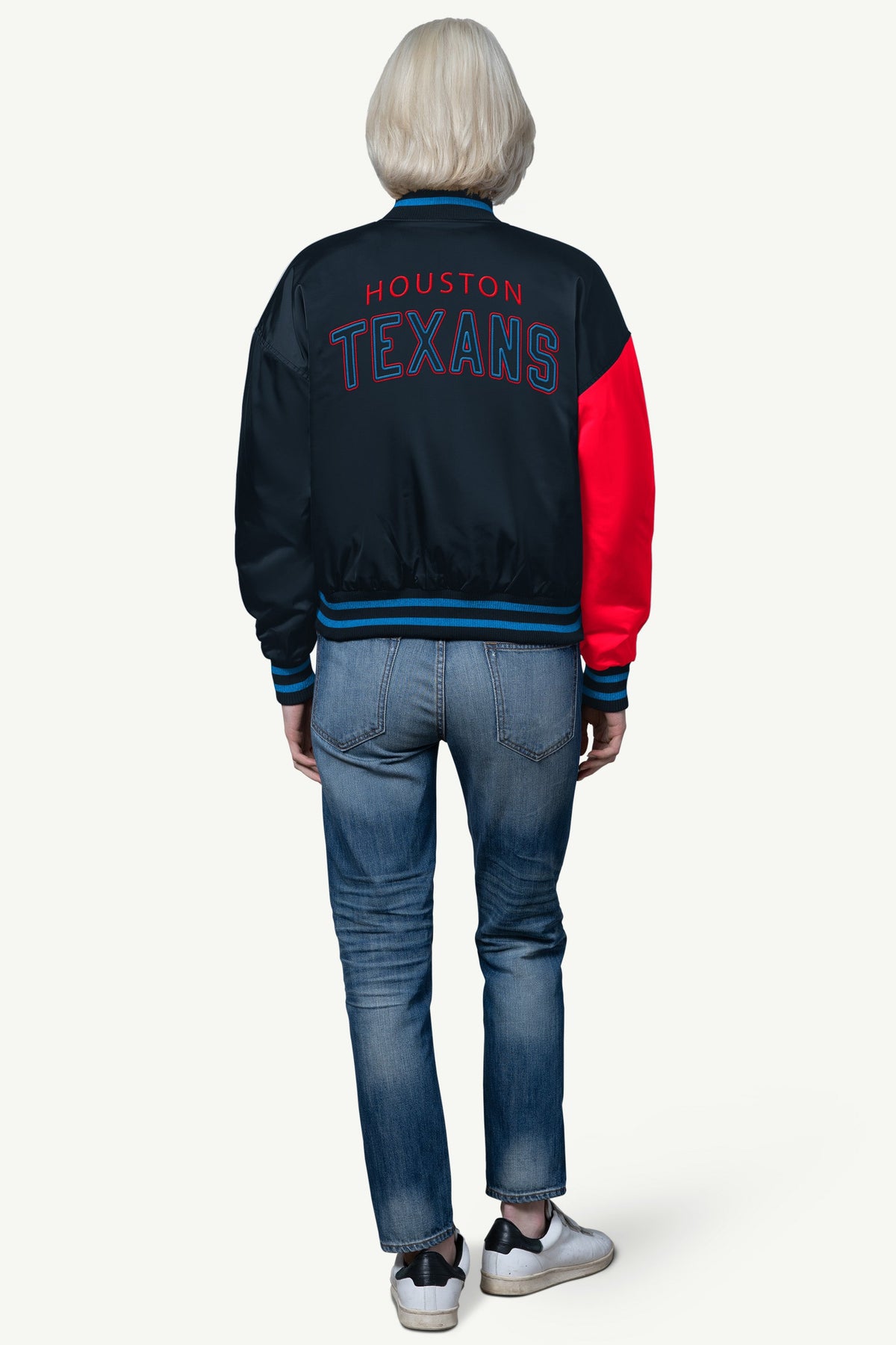 WOMENS HOUSTON TEXANS OFFSIDE SATIN VARSITY JACKET