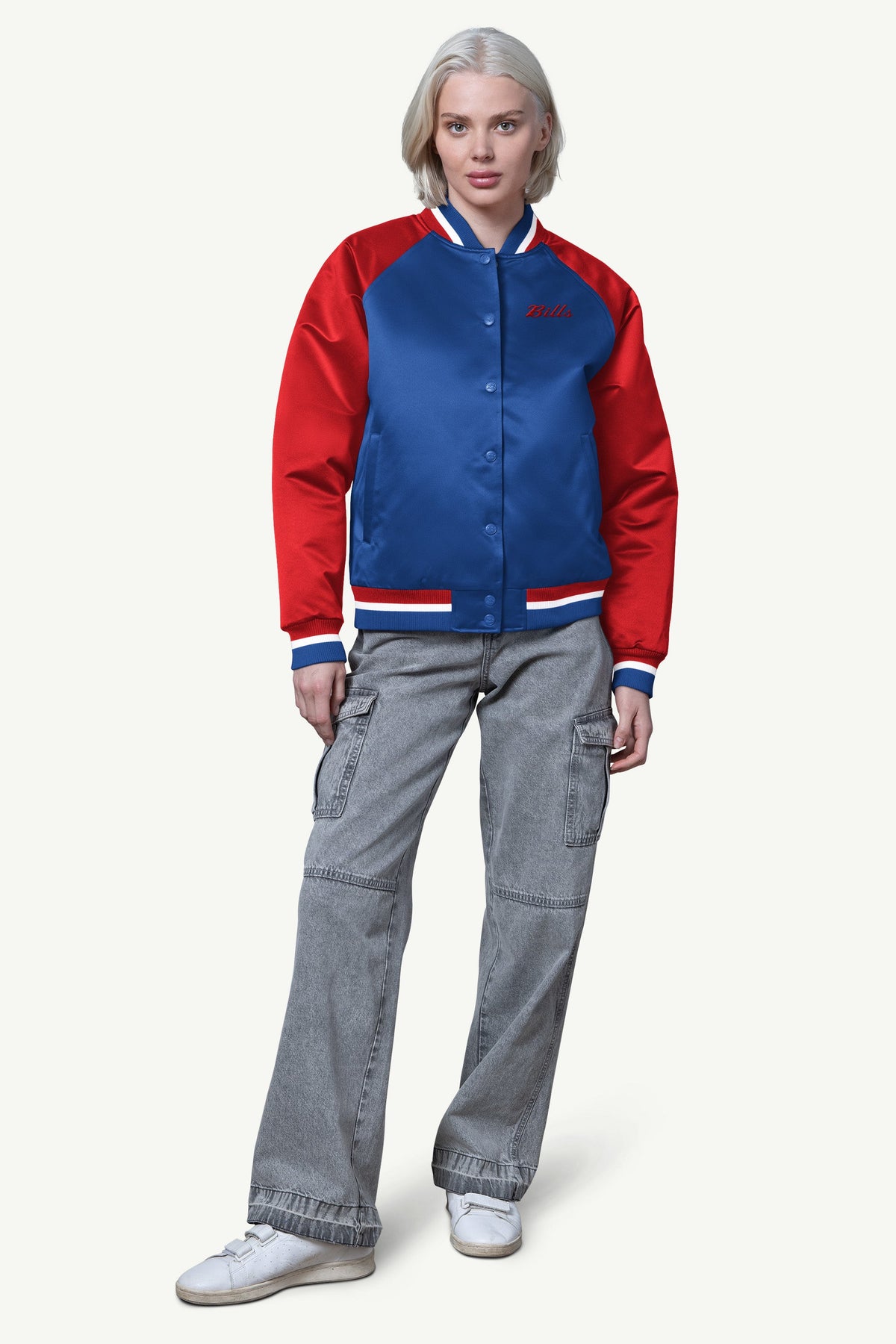 WOMENS BUFFALO BILLS FINAL SCORE SATIN VARSITY JACKET