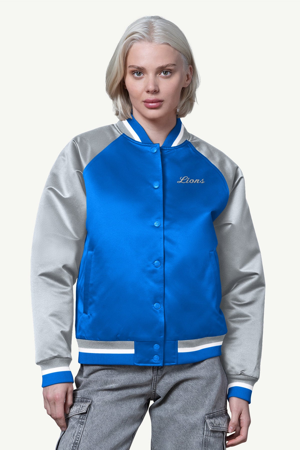 WOMENS DETROIT LIONS FINAL SCORE SATIN VARSITY JACKET