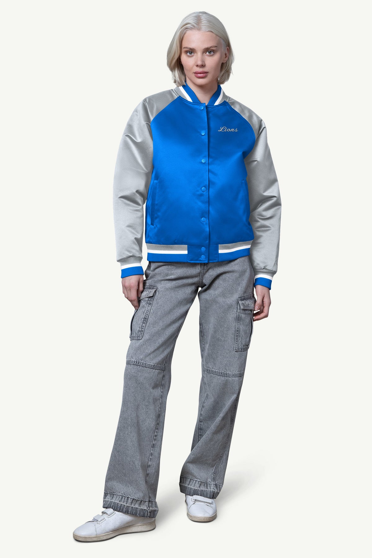 WOMENS DETROIT LIONS FINAL SCORE SATIN VARSITY JACKET