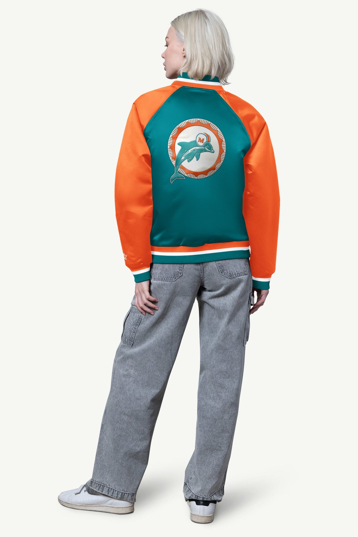 WOMENS MIAMI DOLPHINS FINAL SCORE SATIN VARSITY JACKET