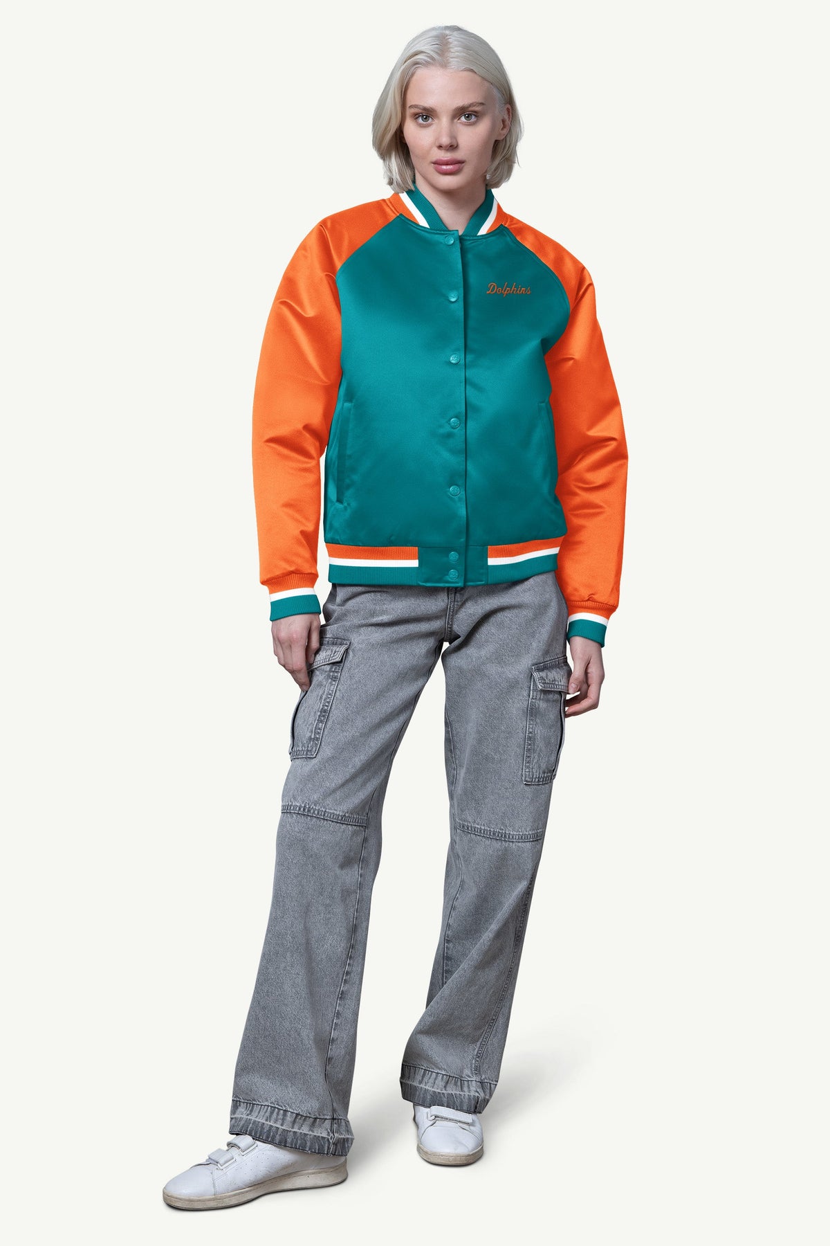 WOMENS MIAMI DOLPHINS FINAL SCORE SATIN VARSITY JACKET