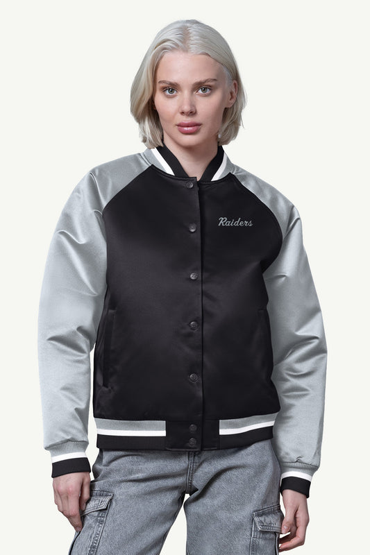 WOMENS LAS VEGAS RAIDERS FINAL SCORE SATIN VARSITY JACKET