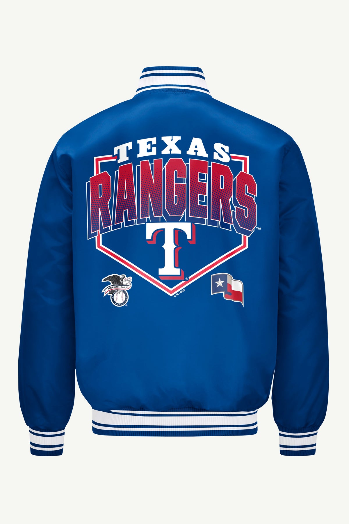 MENS TEXAS RANGERS HOMEPLATE SATIN VARSITY JACKET