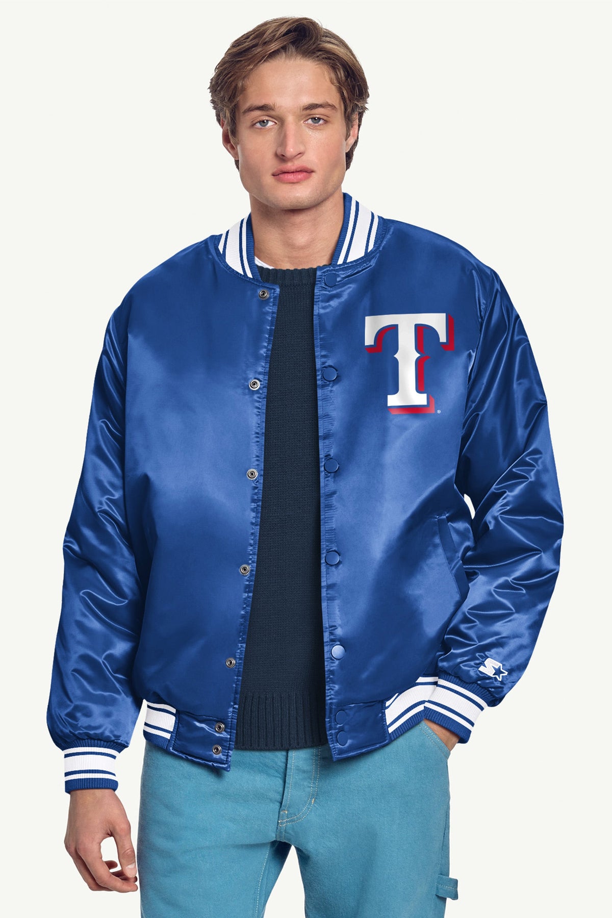 MENS TEXAS RANGERS HOMEPLATE SATIN VARSITY JACKET