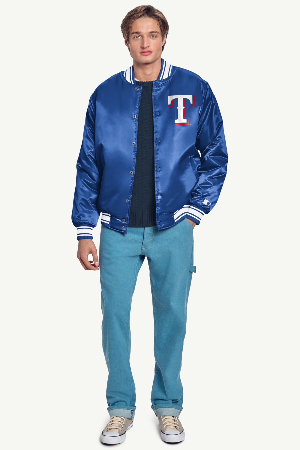 MENS TEXAS RANGERS HOMEPLATE SATIN VARSITY JACKET