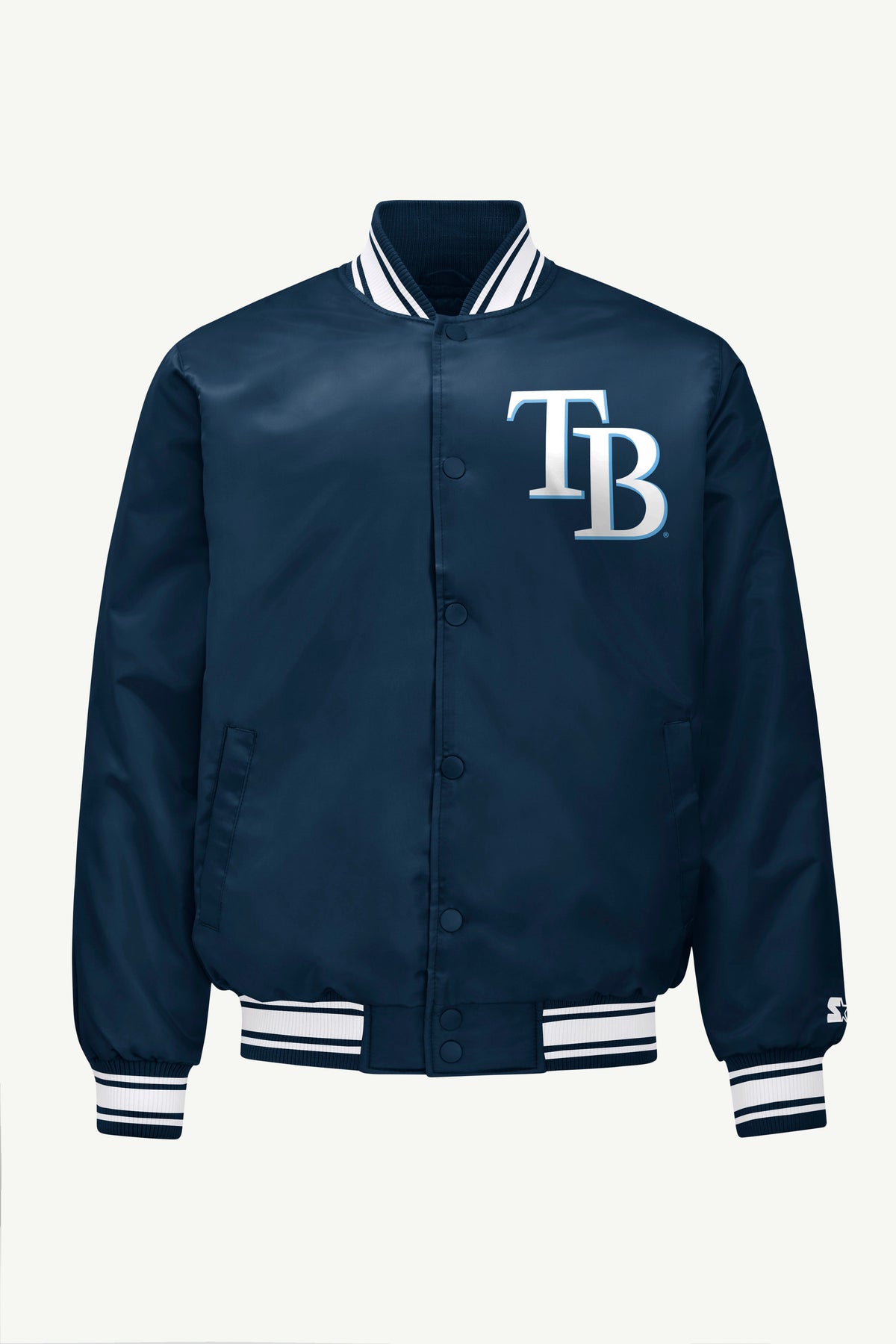 MENS TAMPA BAY RAYS PRINTED HOMEPLATE SATIN VARSITY JACKET