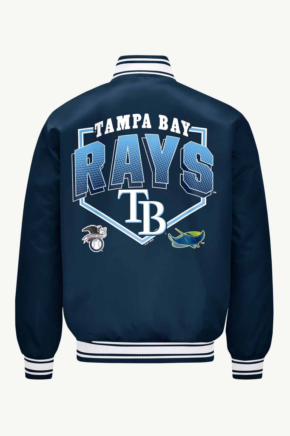 MENS TAMPA BAY RAYS PRINTED HOMEPLATE SATIN VARSITY JACKET