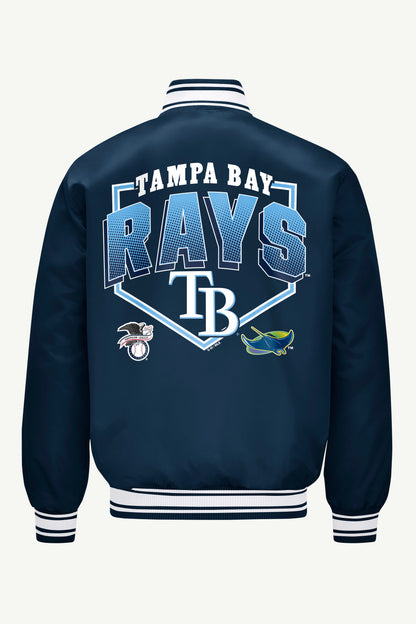 MENS TAMPA BAY RAYS PRINTED HOMEPLATE SATIN VARSITY JACKET