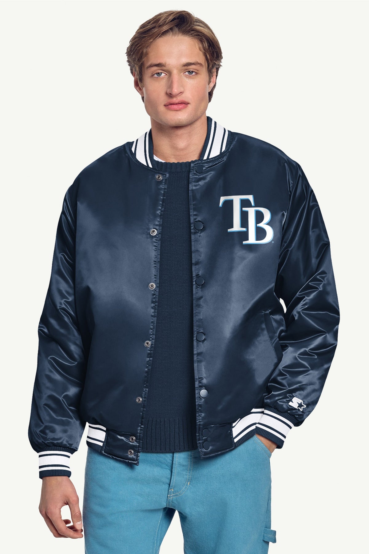 MENS TAMPA BAY RAYS PRINTED HOMEPLATE SATIN VARSITY JACKET