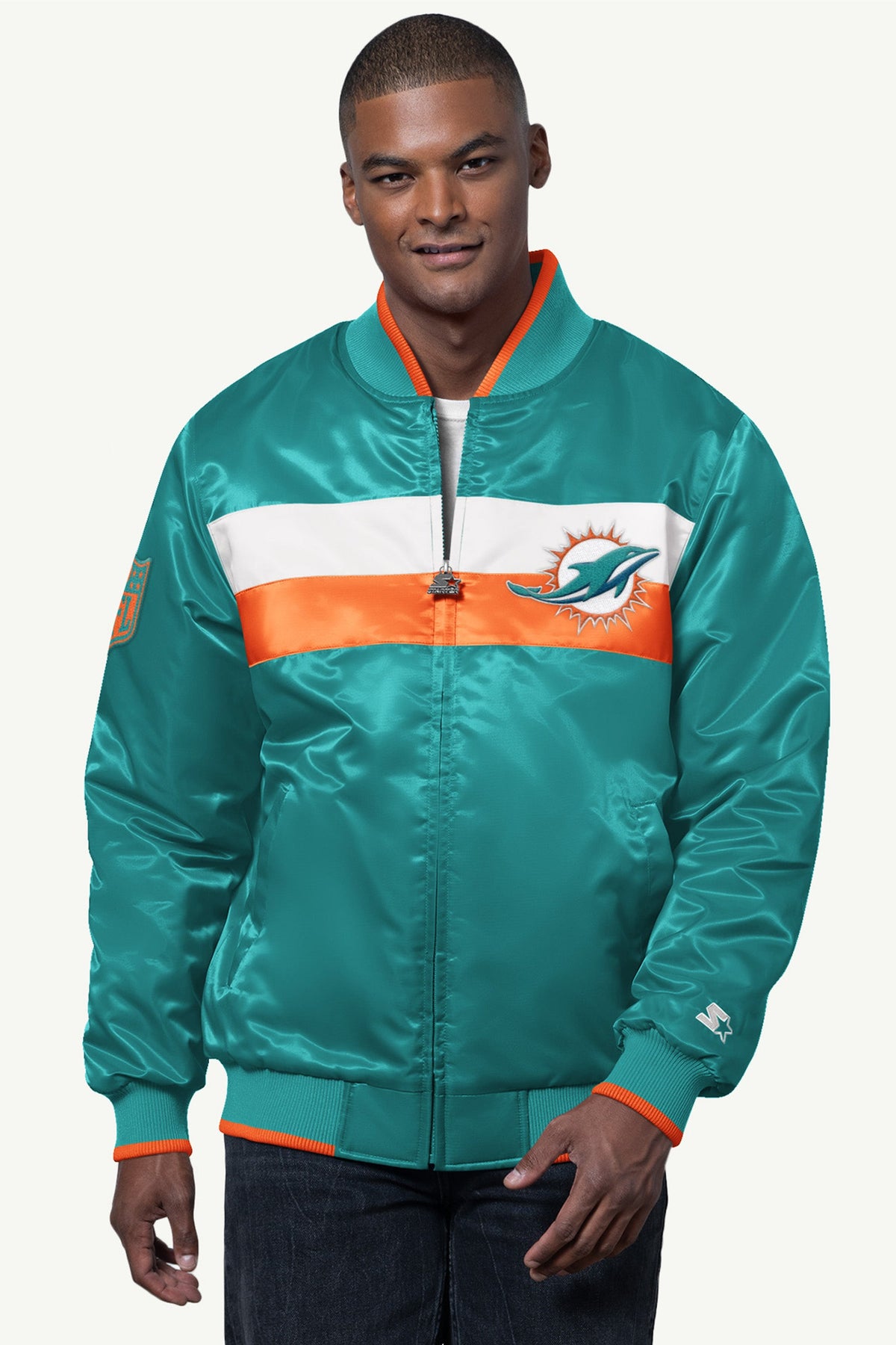 MENS MIAMI DOLPHINS AMBASSADOR SATIN VARSITY JACKET