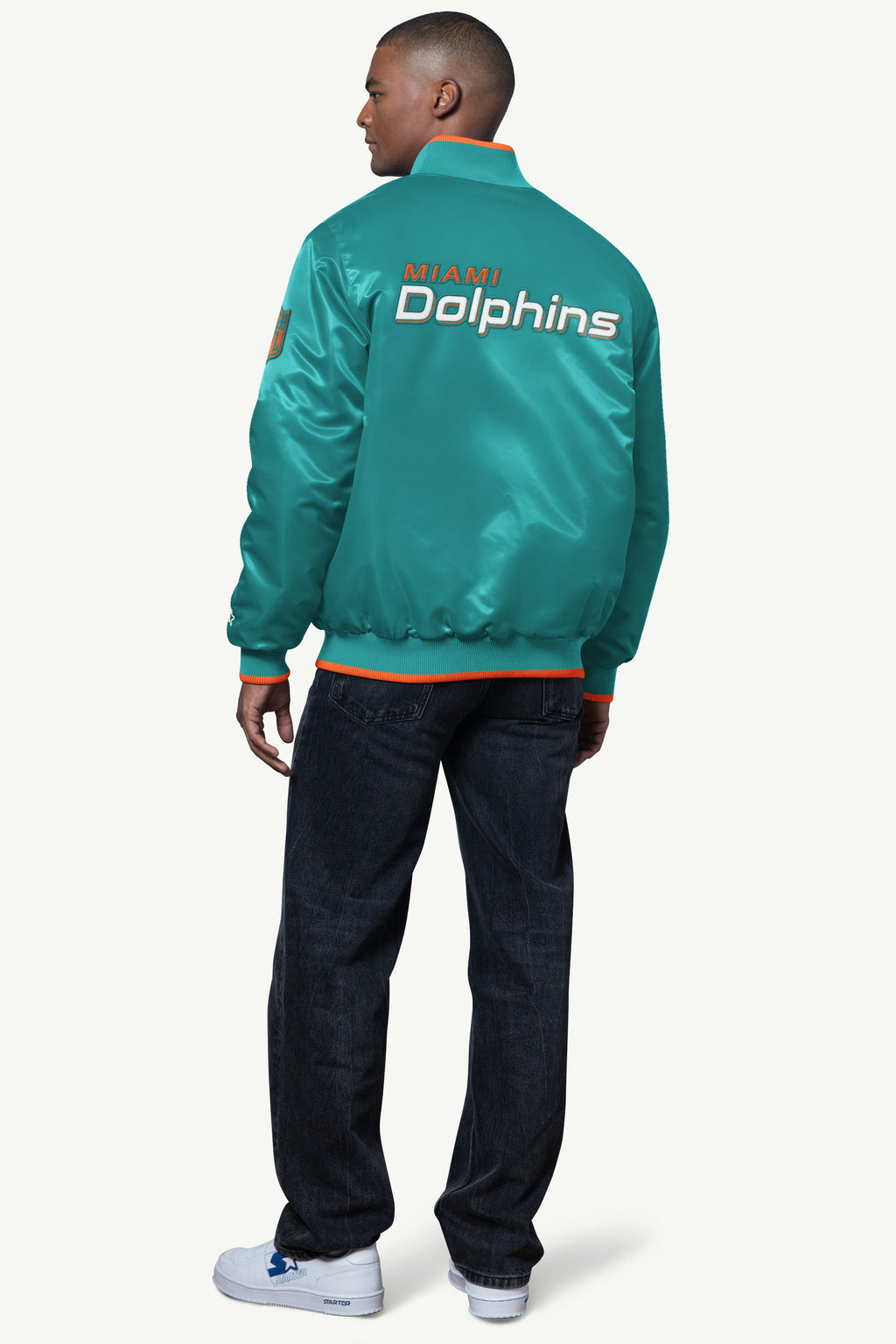 MENS MIAMI DOLPHINS AMBASSADOR SATIN VARSITY JACKET