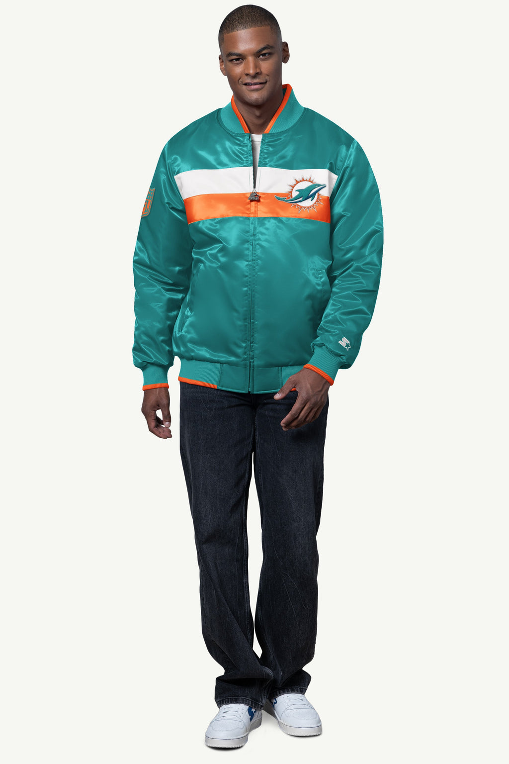 MENS MIAMI DOLPHINS AMBASSADOR SATIN VARSITY JACKET