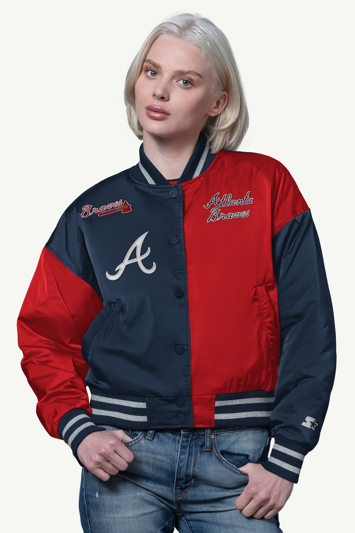 WOMENS ATLANTA BRAVES OFFSIDE SATIN VARSITY JACKET