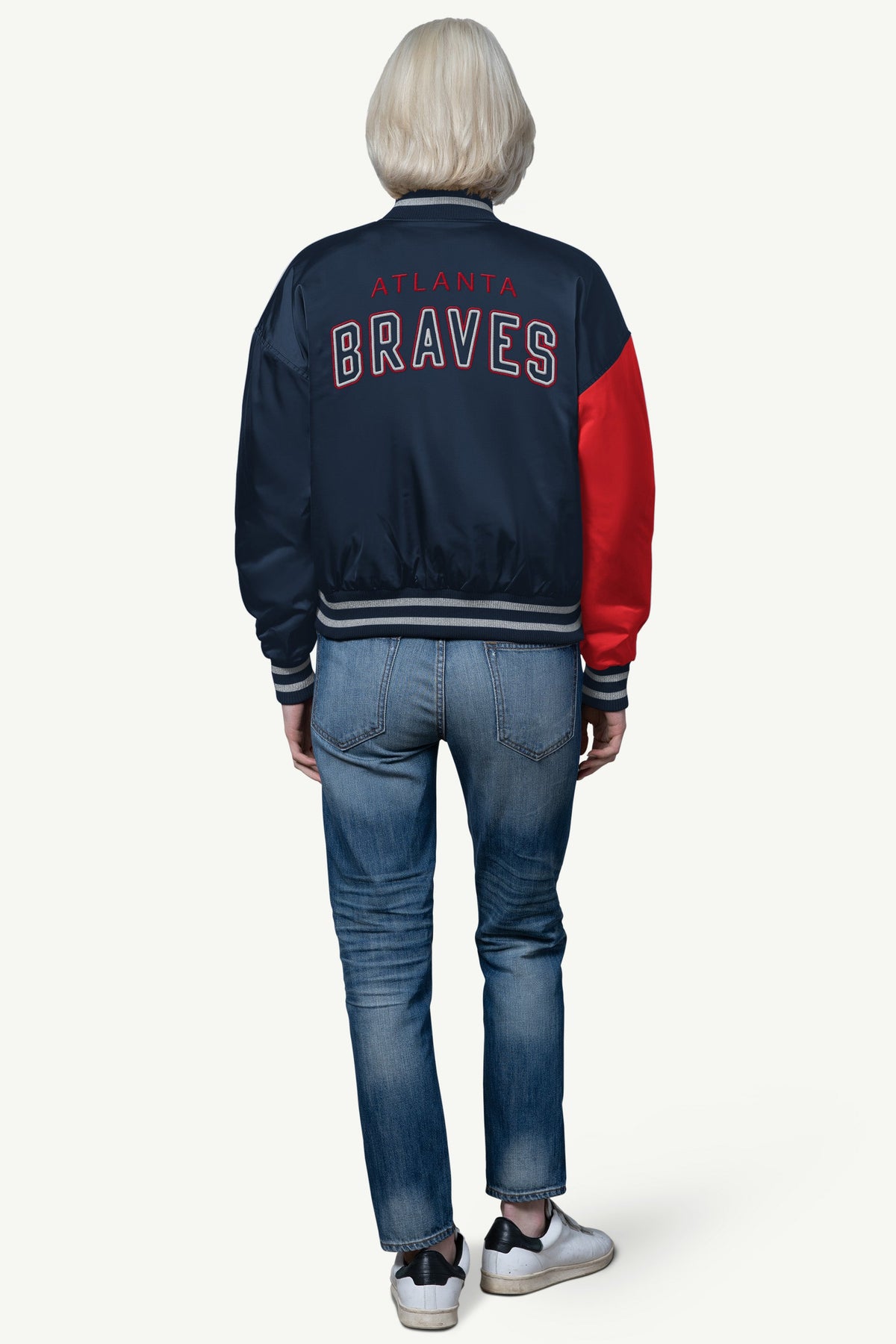 WOMENS ATLANTA BRAVES OFFSIDE SATIN VARSITY JACKET
