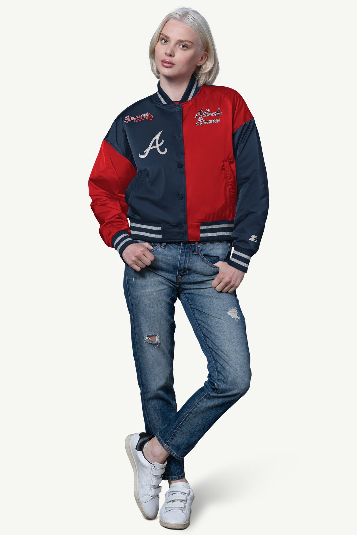 WOMENS ATLANTA BRAVES OFFSIDE SATIN VARSITY JACKET