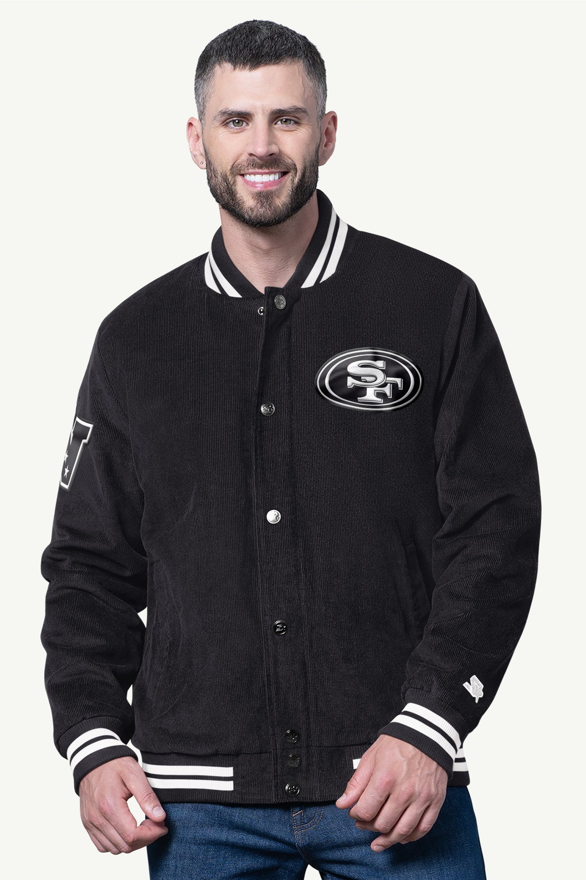 MENS SAN FRANCISCO 49ERS BLACKOUT CORDUROY VARSITY JACKET