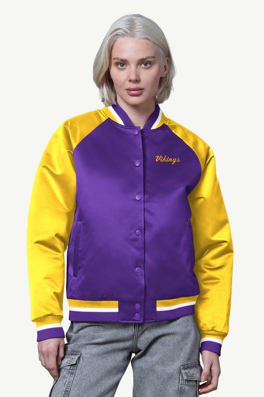 WOMENS MINNESOTA VIKINGS FINAL SCORE SATIN VARSITY JACKET