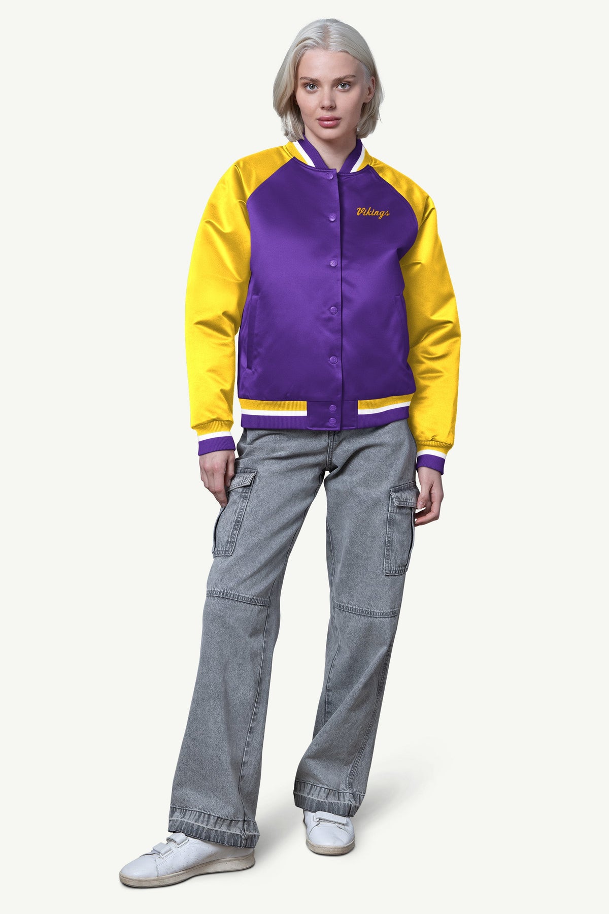 WOMENS MINNESOTA VIKINGS FINAL SCORE SATIN VARSITY JACKET