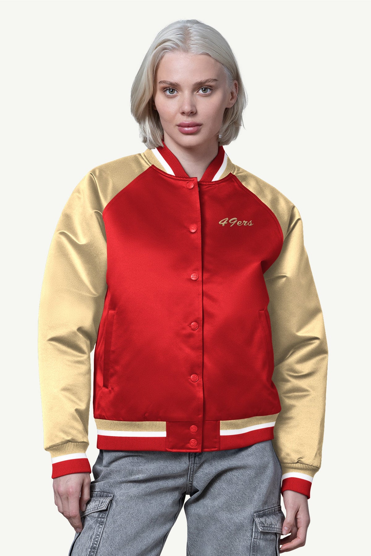 WOMENS SAN FRANCISCO 49ERS FINAL SCORE SATIN VARSITY JACKET