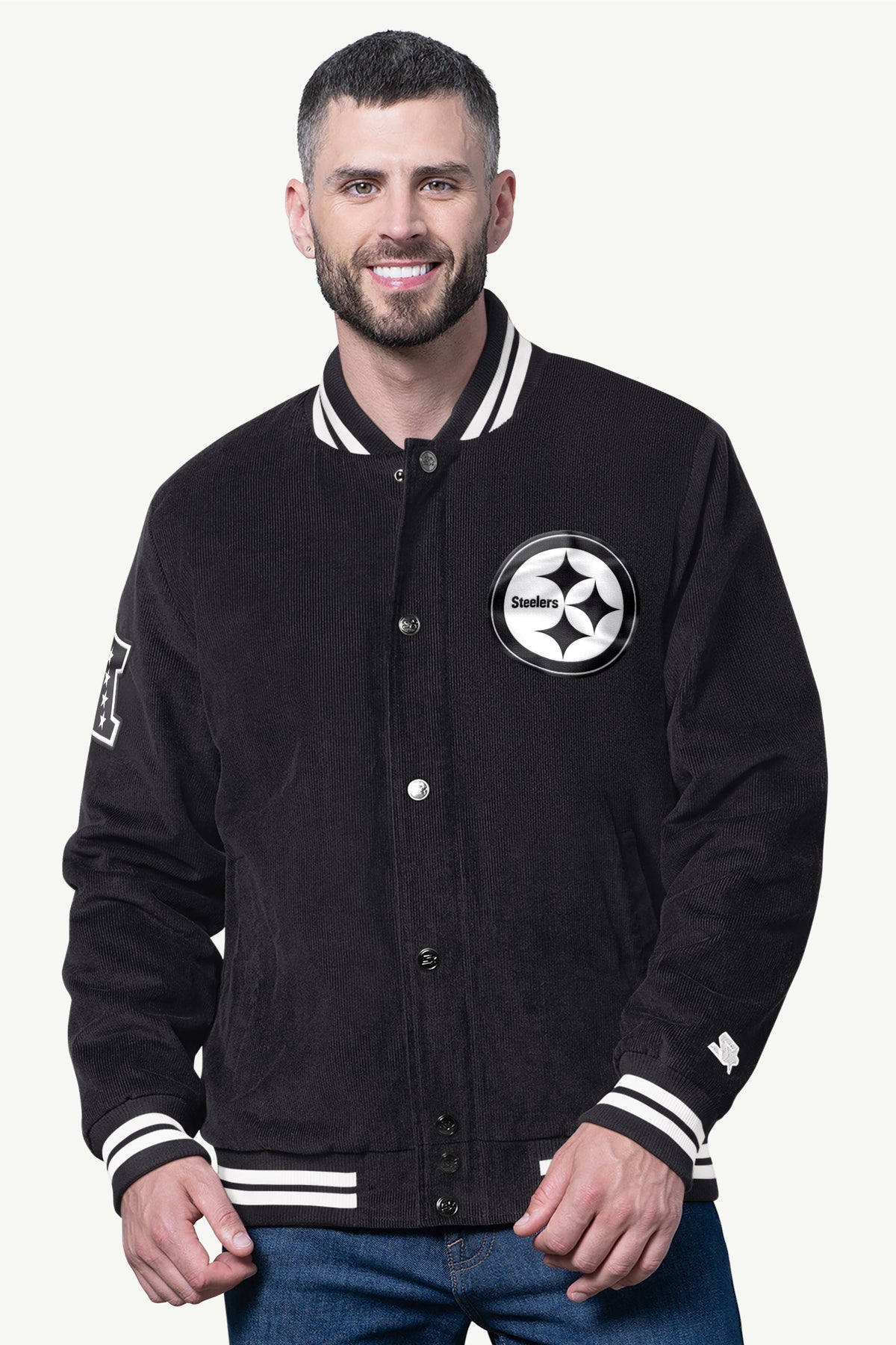 MENS PITTSBURGH STEELERS BLACKOUT CORDUROY VARSITY JACKET