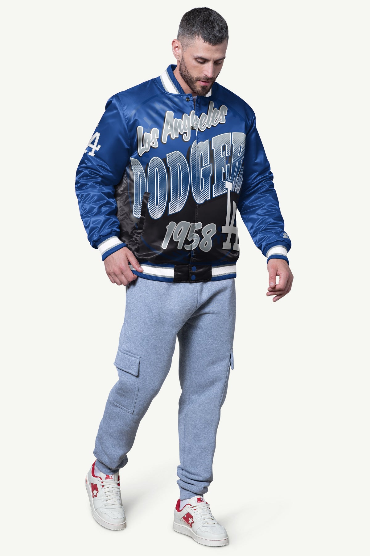 MENS LOS ANGELES DODGERS PASS RUSH SATIN VARSITY JACKET