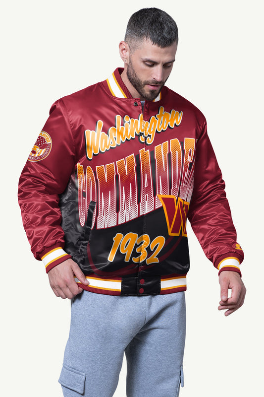 MENS WASHINGTON COMMANDERS PASS RUSH SATIN VARSITY JACKET