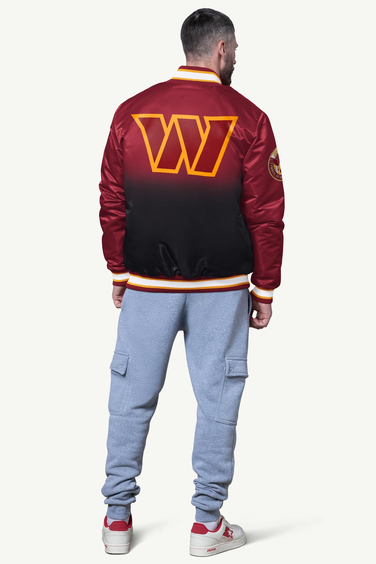 MENS WASHINGTON COMMANDERS PASS RUSH SATIN VARSITY JACKET