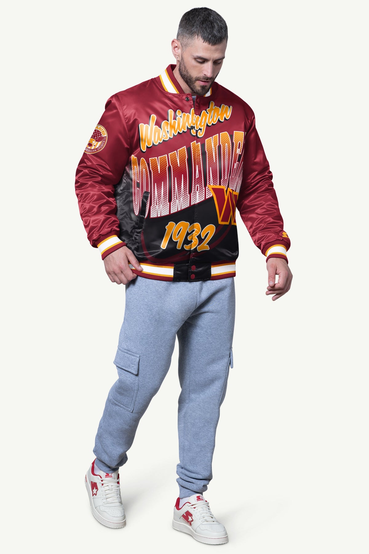 MENS WASHINGTON COMMANDERS PASS RUSH SATIN VARSITY JACKET