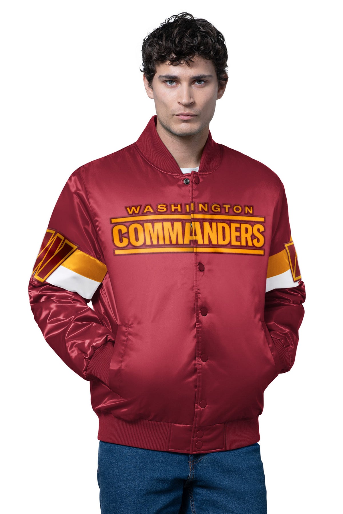 MENS WASHINGTON COMMANDERS TRIPLE OPTION SATIN VARSITY JACKET