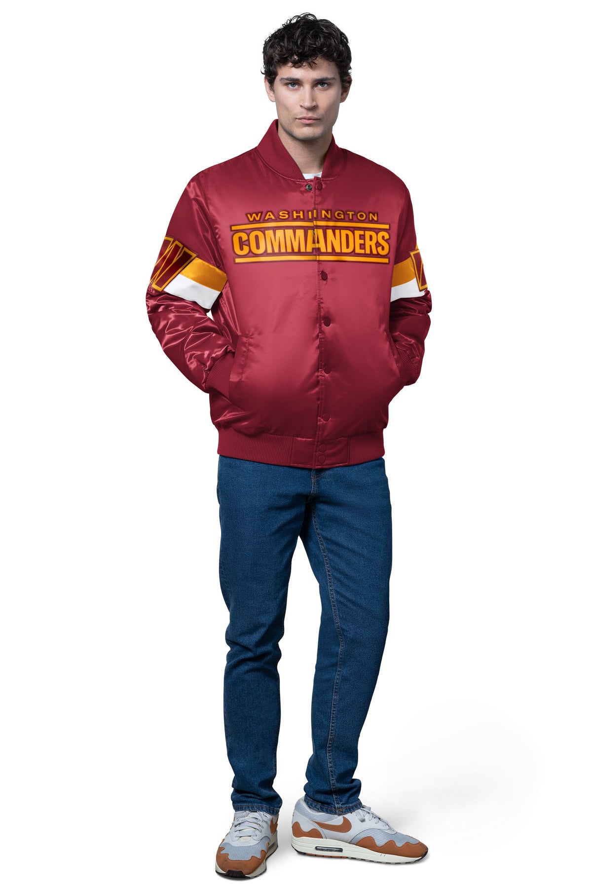 MENS WASHINGTON COMMANDERS TRIPLE OPTION SATIN VARSITY JACKET
