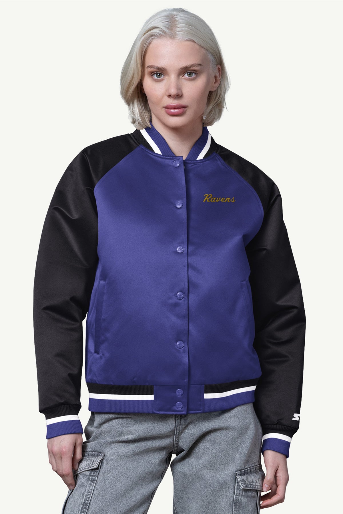 WOMENS BALTIMORE RAVENS FINAL SCORE SATIN VARSITY JACKET
