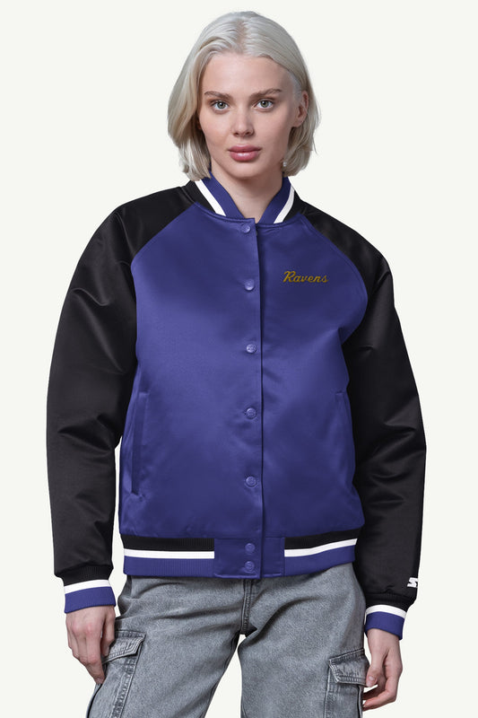 WOMENS BALTIMORE RAVENS FINAL SCORE SATIN VARSITY JACKET