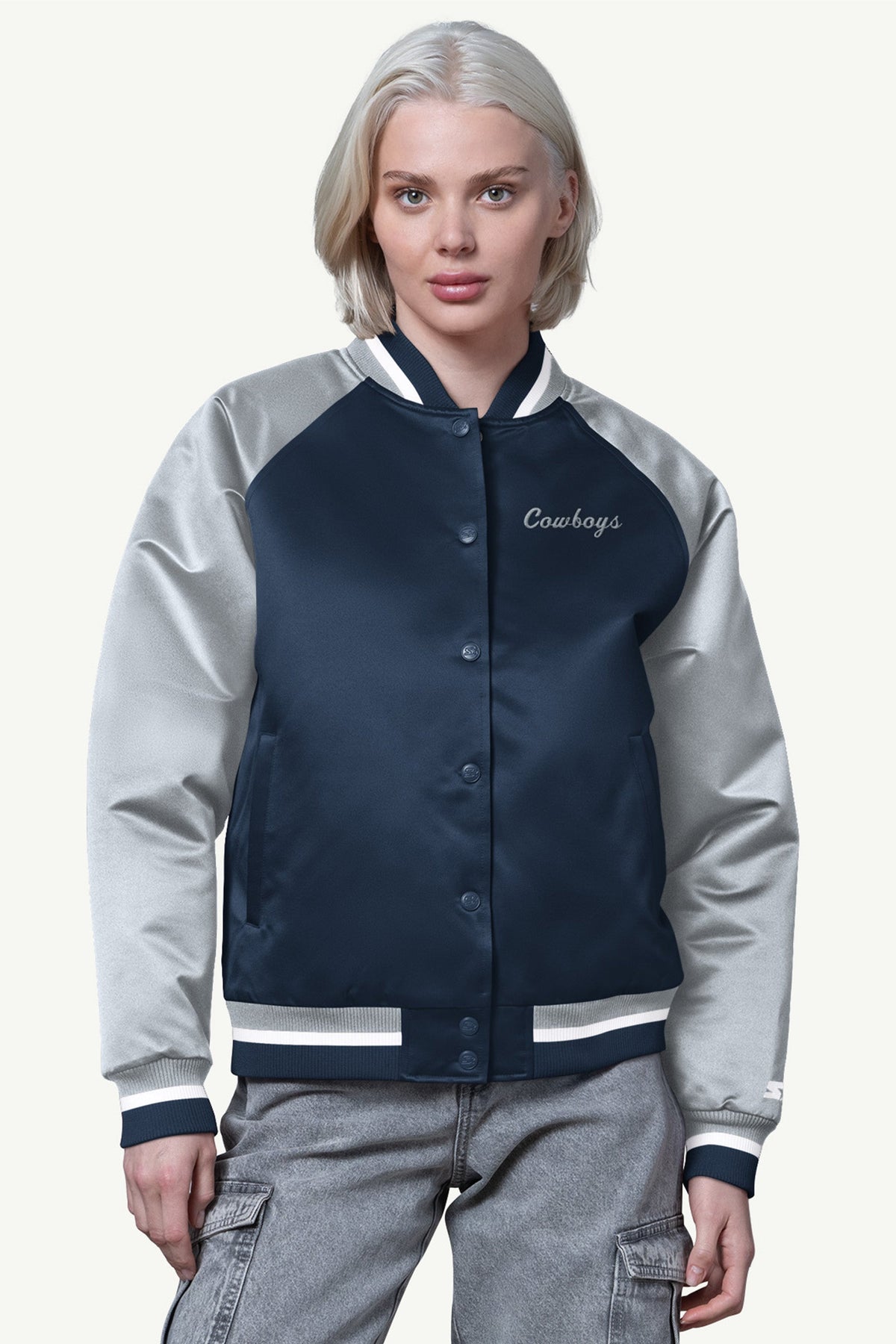 WOMENS DALLAS COWBOYS FINAL SCORE SATIN VARSITY JACKET