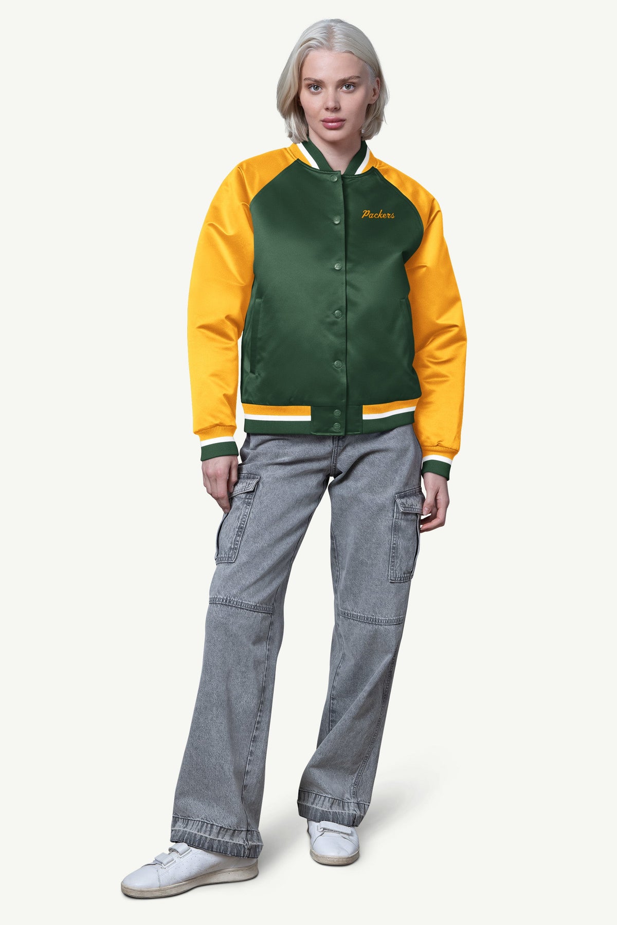 WOMENS GREEN BAY PACKERS FINAL SCORE SATIN VARSITY JACKET
