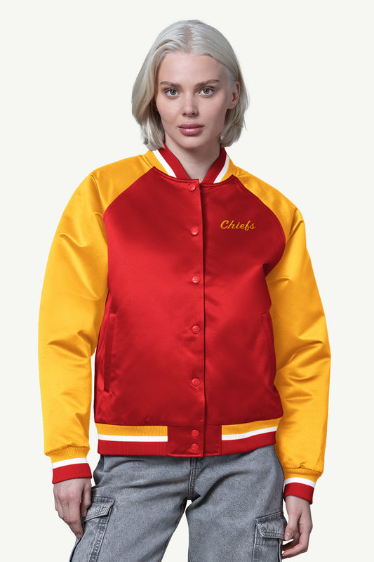 WOMENS KANSAS CITY CHIEFS FINAL SCORE SATIN VARSITY JACKET