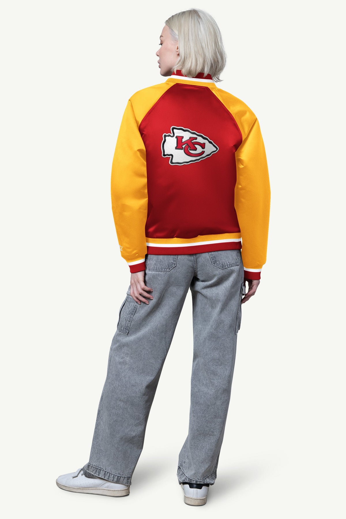 WOMENS KANSAS CITY CHIEFS FINAL SCORE SATIN VARSITY JACKET