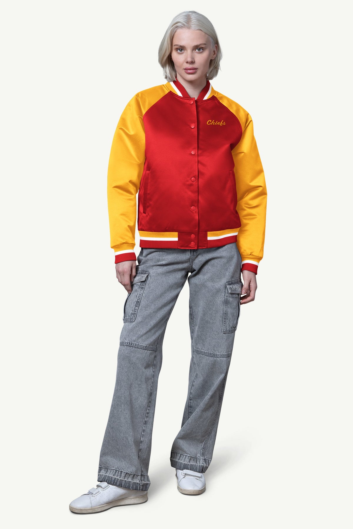 WOMENS KANSAS CITY CHIEFS FINAL SCORE SATIN VARSITY JACKET