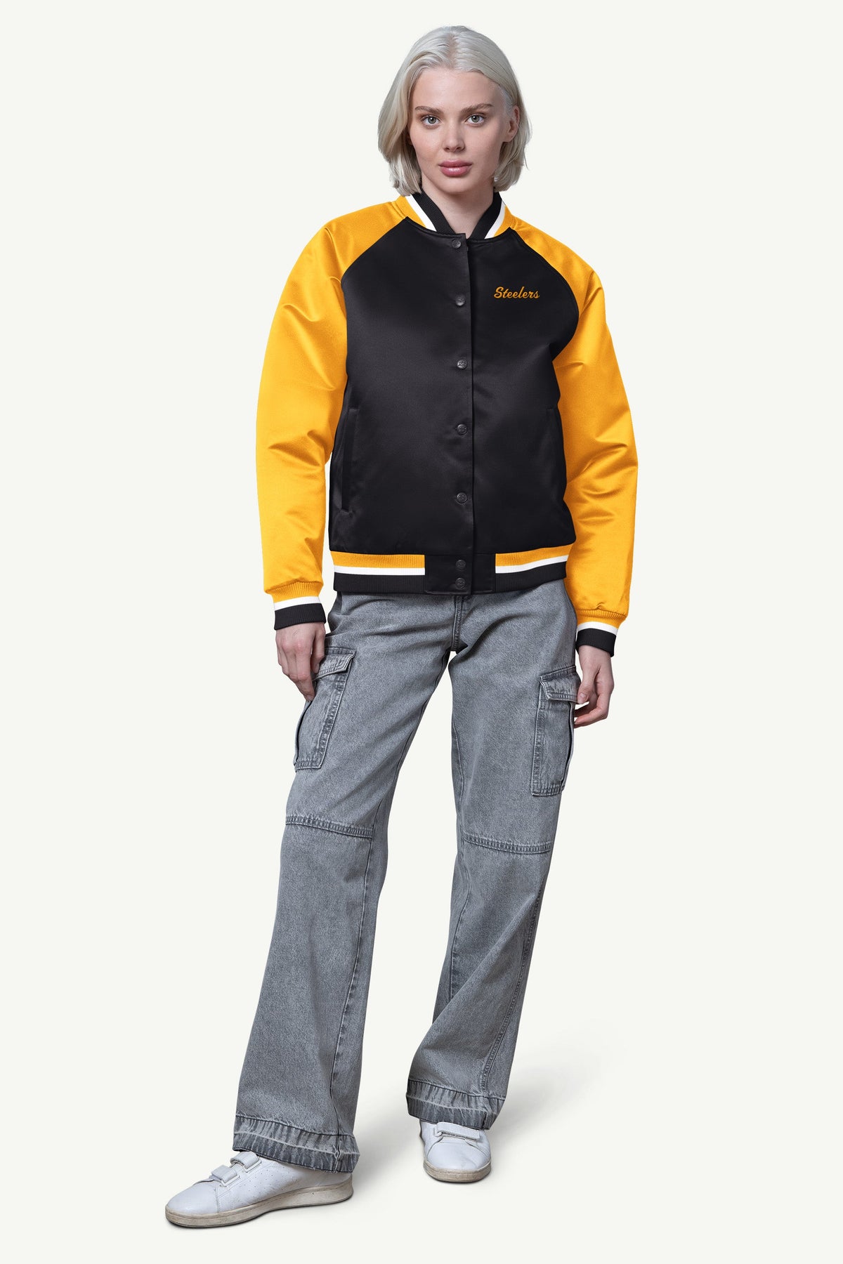 WOMENS PITTSBURGH STEELERS FINAL SCORE SATIN VARSITY JACKET