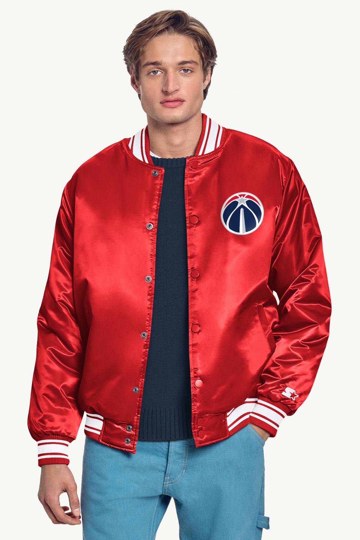 MENS WASHINGTON WIZARDS MESH LOOK SATIN VARSITY JACKET